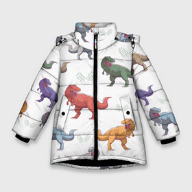 Зимняя куртка для девочек 3D с принтом Разноцветные тираннозавры  в Санкт-Петербурге, ткань верха — 100% полиэстер; подклад — 100% полиэстер, утеплитель — 100% полиэстер. | длина ниже бедра, удлиненная спинка, воротник стойка и отстегивающийся капюшон. Есть боковые карманы с листочкой на кнопках, утяжки по низу изделия и внутренний карман на молнии. 

Предусмотрены светоотражающий принт на спинке, радужный светоотражающий элемент на пуллере молнии и на резинке для утяжки. | art | dino | dinosaur | dinosaurus | pattern | t rex | t rex merch | арт | детский рисунок | динозавр | динозавр мерч | динозаврики | иллюстрация | паттерн | рекс | рисунок динозавра | страшные динозавры | т рекс | тираннозавр