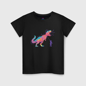 Детская футболка хлопок с принтом Динозавр на поводке в Санкт-Петербурге, 100% хлопок | круглый вырез горловины, полуприлегающий силуэт, длина до линии бедер | art | dino | dinosaur | dinosaurus | neon | roar | t rex | t rex merch | арт | детский рисунок | динозавр мерч | иллюстрация | неон | рекс | рисунок динозавра | рычащий динозавр | страшные динозавры | т рекс | тираннозавр