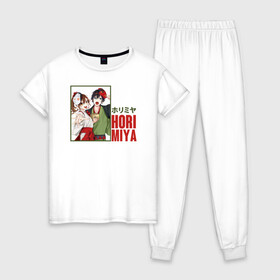 Женская пижама хлопок с принтом хоримия аниме в Санкт-Петербурге, 100% хлопок | брюки и футболка прямого кроя, без карманов, на брюках мягкая резинка на поясе и по низу штанин | anime | horimiya | kawaii | manga | shoujo | shoujomanga | аниме | манга | хоримия