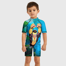 Детский купальный костюм 3D с принтом Марк Грэйсон Неуязвимый в Санкт-Петербурге, Полиэстер 85%, Спандекс 15% | застежка на молнии на спине | damien darkblood | invincible | superman | марк грэйсон | мультсериал | неуязвимый | супергерой