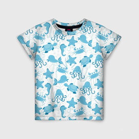 Детская футболка 3D с принтом Морские жители в Санкт-Петербурге, 100% гипоаллергенный полиэфир | прямой крой, круглый вырез горловины, длина до линии бедер, чуть спущенное плечо, ткань немного тянется | Тематика изображения на принте: dolphin | дельфин | краб | море | морская звезда | морские | морской конек | осьминог | с дельфином | черепаха
