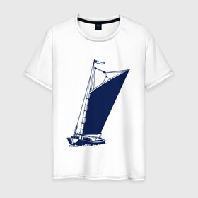 Мужская футболка хлопок с принтом Парусная лодка синяя в Санкт-Петербурге, 100% хлопок | прямой крой, круглый вырез горловины, длина до линии бедер, слегка спущенное плечо. | sailboat | кораблик | корабль | лодка | парус | парусная лодка | тату | татуировка