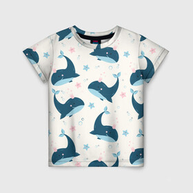 Детская футболка 3D с принтом Киты в Санкт-Петербурге, 100% гипоаллергенный полиэфир | прямой крой, круглый вырез горловины, длина до линии бедер, чуть спущенное плечо, ткань немного тянется | Тематика изображения на принте: whale | белый кит | кит | киты | корабли | кораблики | маяк | морские | паттерн | синий кит | чайки