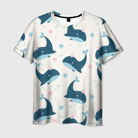 Мужская футболка 3D с принтом Киты в Санкт-Петербурге, 100% полиэфир | прямой крой, круглый вырез горловины, длина до линии бедер | Тематика изображения на принте: whale | белый кит | кит | киты | корабли | кораблики | маяк | морские | паттерн | синий кит | чайки