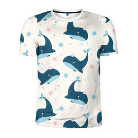 Мужская футболка 3D спортивная с принтом Киты в Санкт-Петербурге, 100% полиэстер с улучшенными характеристиками | приталенный силуэт, круглая горловина, широкие плечи, сужается к линии бедра | Тематика изображения на принте: whale | белый кит | кит | киты | корабли | кораблики | маяк | морские | паттерн | синий кит | чайки