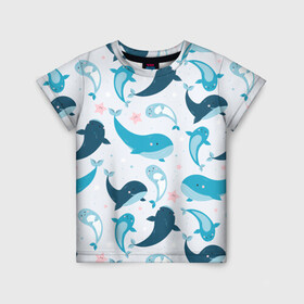 Детская футболка 3D с принтом Киты и тюлени в Санкт-Петербурге, 100% гипоаллергенный полиэфир | прямой крой, круглый вырез горловины, длина до линии бедер, чуть спущенное плечо, ткань немного тянется | whale | белый кит | кит | киты | корабли | кораблики | маяк | морские | паттерн | синий кит | чайки