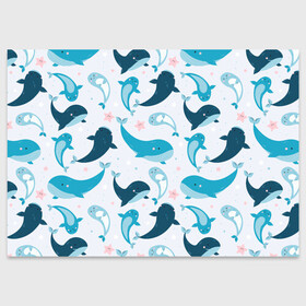 Поздравительная открытка с принтом Киты и тюлени в Санкт-Петербурге, 100% бумага | плотность бумаги 280 г/м2, матовая, на обратной стороне линовка и место для марки
 | whale | белый кит | кит | киты | корабли | кораблики | маяк | морские | паттерн | синий кит | чайки