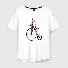 Мужская футболка хлопок Oversize с принтом Винтажный кот на велосипеде в Санкт-Петербурге, 100% хлопок | свободный крой, круглый ворот, “спинка” длиннее передней части | art | cat | circus | fat cat | grand b | kitten | kitty | penny farthing | pennyfarthing | retro | vintage | арт | велосипед с большим колесом | винтаж | винтажный рисунок | котик | кошка | пенни фартинг | пеннифартинг | ретро | толстый кот |