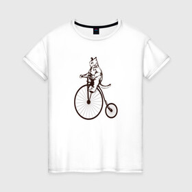 Женская футболка хлопок с принтом Винтажный кот на велосипеде в Санкт-Петербурге, 100% хлопок | прямой крой, круглый вырез горловины, длина до линии бедер, слегка спущенное плечо | art | cat | circus | fat cat | grand b | kitten | kitty | penny farthing | pennyfarthing | retro | vintage | арт | велосипед с большим колесом | винтаж | винтажный рисунок | котик | кошка | пенни фартинг | пеннифартинг | ретро | толстый кот |