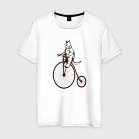 Мужская футболка хлопок с принтом Винтажный кот на велосипеде в Санкт-Петербурге, 100% хлопок | прямой крой, круглый вырез горловины, длина до линии бедер, слегка спущенное плечо. | art | cat | circus | fat cat | grand b | kitten | kitty | penny farthing | pennyfarthing | retro | vintage | арт | велосипед с большим колесом | винтаж | винтажный рисунок | котик | кошка | пенни фартинг | пеннифартинг | ретро | толстый кот |
