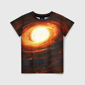 Детская футболка 3D с принтом ГАЛАКТИКА КОСМОС СОЛНЦЕ в Санкт-Петербурге, 100% гипоаллергенный полиэфир | прямой крой, круглый вырез горловины, длина до линии бедер, чуть спущенное плечо, ткань немного тянется | space | галактика | звезды | космос | метеориты | огонь | планеты | солнечная система. | солнце