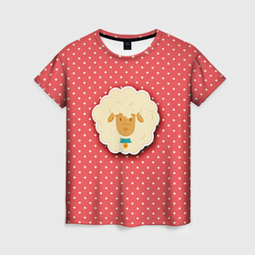 Женская футболка 3D с принтом Овечка в Санкт-Петербурге, 100% полиэфир ( синтетическое хлопкоподобное полотно) | прямой крой, круглый вырез горловины, длина до линии бедер | арт | белая | белое животное | белый горох | горох | овечка | овца | пушистая | пушистик | рисунок | рисунок горошек