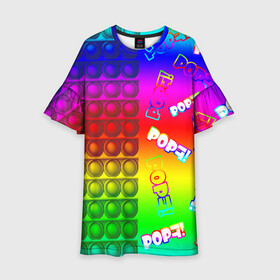 Детское платье 3D с принтом POP it! в Санкт-Петербурге, 100% полиэстер | прямой силуэт, чуть расширенный к низу. Круглая горловина, на рукавах — воланы | Тематика изображения на принте: pop it | rainbow | simple dimple | toy | игрушка | поп ит | радуга | симпл димпл