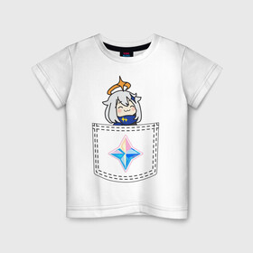 Детская футболка хлопок с принтом Pocket Paimon в Санкт-Петербурге, 100% хлопок | круглый вырез горловины, полуприлегающий силуэт, длина до линии бедер | anime | genshin | impact | paimon | primogem | аниме | геншин | импакт | истока | камень | паймон