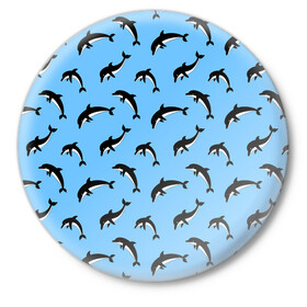 Значок с принтом Дельфины в Санкт-Петербурге,  металл | круглая форма, металлическая застежка в виде булавки | dolphin | дельфин | дельфины | море | морские | на голубом | с дельфином