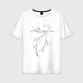 Женская футболка хлопок Oversize с принтом Рыбак и Несси в Санкт-Петербурге, 100% хлопок | свободный крой, круглый ворот, спущенный рукав, длина до линии бедер
 | клёв | клюет | лодка | монстр | несси | озеро | рыба | рыбак | рыбалка | сон | удочка | чудовище