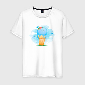 Мужская футболка хлопок с принтом Осьминог в стаканчике в Санкт-Петербурге, 100% хлопок | прямой крой, круглый вырез горловины, длина до линии бедер, слегка спущенное плечо. | cute | octopus | милый | морское | осьминог | осьминожка | паттерн | тентакли | щупальца