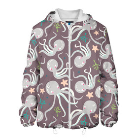 Мужская куртка 3D с принтом Осьминоги в Санкт-Петербурге, ткань верха — 100% полиэстер, подклад — флис | прямой крой, подол и капюшон оформлены резинкой с фиксаторами, два кармана без застежек по бокам, один большой потайной карман на груди. Карман на груди застегивается на липучку | cute | octopus | милый | морское | осьминог | осьминожка | паттерн | тентакли | щупальца