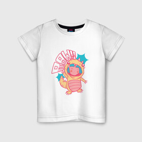Детская футболка хлопок с принтом Аниме в костюме динозаврика в Санкт-Петербурге, 100% хлопок | круглый вырез горловины, полуприлегающий силуэт, длина до линии бедер | aaw | anime | cute | dino | girl | japan | japanese | kawaii | manga | vector | вектор | девочка | детский рисунок | динозаврик | динозаврики | для ребёнка | кавайи | костюм динозавра | малыш | мальчик | милота | милый динозаврик