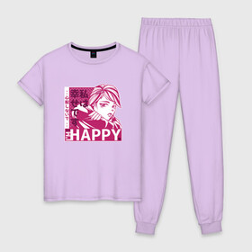 Женская пижама хлопок с принтом Happy Sad Anime Girl Kanji в Санкт-Петербурге, 100% хлопок | брюки и футболка прямого кроя, без карманов, на брюках мягкая резинка на поясе и по низу штанин | anime | chibi | cute | girls | happiness | im happy | japan | japanese | kawaii | manga | waifu | анимешник | анимешница | грусть | девочки | девушки | иероглифы | кандзи | лица | манга | настроение | рисунок в стиле аниме | счастье | типичная 