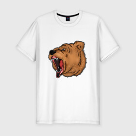 Мужская футболка хлопок Slim с принтом Медведь в Санкт-Петербурге, 92% хлопок, 8% лайкра | приталенный силуэт, круглый вырез ворота, длина до линии бедра, короткий рукав | бурый | животное | зверь | медведь | рык | свирепый
