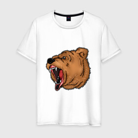 Мужская футболка хлопок с принтом Медведь в Санкт-Петербурге, 100% хлопок | прямой крой, круглый вырез горловины, длина до линии бедер, слегка спущенное плечо. | Тематика изображения на принте: бурый | животное | зверь | медведь | рык | свирепый