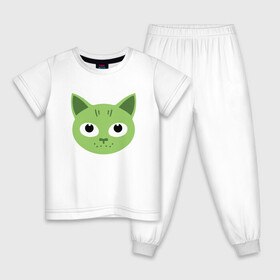 Детская пижама хлопок с принтом Green Cat в Санкт-Петербурге, 100% хлопок |  брюки и футболка прямого кроя, без карманов, на брюках мягкая резинка на поясе и по низу штанин
 | Тематика изображения на принте: animal | cat | cute | kitty | meow | друг | животные | киска | китти | кот | котенок | котик | котэ | кошечка | кошка | лев | леопард | милый | мур | мяу | пантера | питомец | рысь | тигр