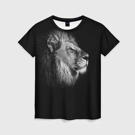 Женская футболка 3D с принтом Царь Зверей в Санкт-Петербурге, 100% полиэфир ( синтетическое хлопкоподобное полотно) | прямой крой, круглый вырез горловины, длина до линии бедер | animal | lion | лев | профиль | черно белый