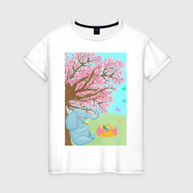 Женская футболка хлопок с принтом слоненок на пикнике в Санкт-Петербурге, 100% хлопок | прямой крой, круглый вырез горловины, длина до линии бедер, слегка спущенное плечо | бабочки | весна | дерево | животное | зеленый | корзина | кофе | лето | листья.детская иллюстрация | небо | отдых | рисунок | розовый | сакура | слон | слоненок | фрукты | чай