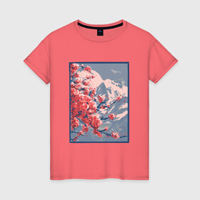 Женская футболка хлопок с принтом Цветение Сакуры на фоне Фудзи в Санкт-Петербурге, 100% хлопок | прямой крой, круглый вырез горловины, длина до линии бедер, слегка спущенное плечо | cherry blossom | fuji | japan | japanese | landscape | painting | plum | sakura | вишня в цвету | гора фудзи | горный пейзаж | живопись | искусство | картина | краска | краски | настоящая картина | пейзаж | рисунок | сакура | слива