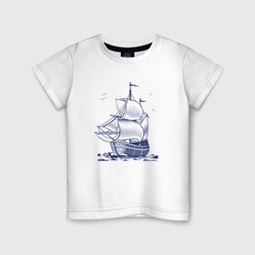 Детская футболка хлопок с принтом Корабль в Санкт-Петербурге, 100% хлопок | круглый вырез горловины, полуприлегающий силуэт, длина до линии бедер | ships | whale | кит | киты | корабли | кораблики | корабль | море | морские | морское | паруса | чайки