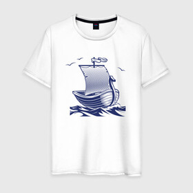 Мужская футболка хлопок с принтом Парусная лодка в Санкт-Петербурге, 100% хлопок | прямой крой, круглый вырез горловины, длина до линии бедер, слегка спущенное плечо. | sailboat | викинги | кораблик | корабль | лодка | парус | парусная лодка | тату | татуировка