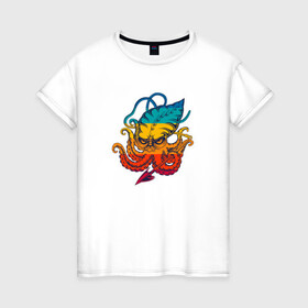 Женская футболка хлопок с принтом Ктулху цветной в Санкт-Петербурге, 100% хлопок | прямой крой, круглый вырез горловины, длина до линии бедер, слегка спущенное плечо | king | kraken | octopus | корона | кракен | ктулху | море | морские | морское | осьминог | щупальца