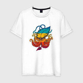 Мужская футболка хлопок с принтом Ктулху цветной в Санкт-Петербурге, 100% хлопок | прямой крой, круглый вырез горловины, длина до линии бедер, слегка спущенное плечо. | king | kraken | octopus | корона | кракен | ктулху | море | морские | морское | осьминог | щупальца