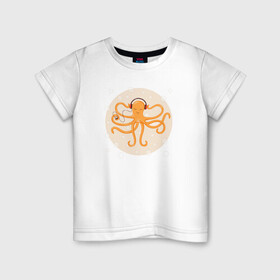 Детская футболка хлопок с принтом Осьминог в наушниках в Санкт-Петербурге, 100% хлопок | круглый вырез горловины, полуприлегающий силуэт, длина до линии бедер | Тематика изображения на принте: king | kraken | octopus | корона | кракен | море | морские | морское | наушниках | осьминог | щупальца