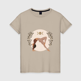 Женская футболка хлопок с принтом Йога в Санкт-Петербурге, 100% хлопок | прямой крой, круглый вырез горловины, длина до линии бедер, слегка спущенное плечо | девушка | йога | медитация | расслабление | растяжка | спорт | спортивная девушка