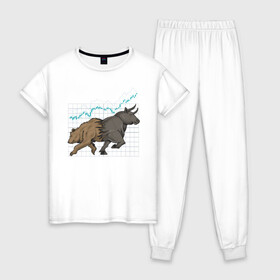 Женская пижама хлопок с принтом Бык или Медведь в Санкт-Петербурге, 100% хлопок | брюки и футболка прямого кроя, без карманов, на брюках мягкая резинка на поясе и по низу штанин | bulls | акции | банк | бык | инвестиции | медведь | тинькофф