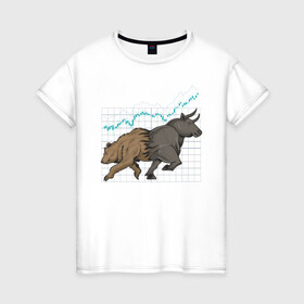 Женская футболка хлопок с принтом Бык или Медведь в Санкт-Петербурге, 100% хлопок | прямой крой, круглый вырез горловины, длина до линии бедер, слегка спущенное плечо | bulls | акции | банк | бык | инвестиции | медведь | тинькофф
