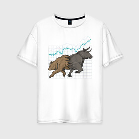 Женская футболка хлопок Oversize с принтом Бык или Медведь в Санкт-Петербурге, 100% хлопок | свободный крой, круглый ворот, спущенный рукав, длина до линии бедер
 | bulls | акции | банк | бык | инвестиции | медведь | тинькофф