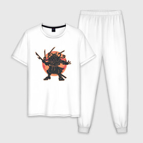 Мужская пижама хлопок с принтом Ктулху Самурай Samurai ninja в Санкт-Петербурге, 100% хлопок | брюки и футболка прямого кроя, без карманов, на брюках мягкая резинка на поясе и по низу штанин
 | Тематика изображения на принте: art | cyberpunk samurai | elder god | ninja | oni | rdsmry | ronin | samurai | shogun | арт | говард лавкрафт | древние боги | древний бог | киберпанк самурай | мерч | осьминог | прикол | путь воина | ронин | сёгун | токио | харакири