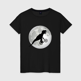 Женская футболка хлопок с принтом Динозавр летит на фоне луны в Санкт-Петербурге, 100% хлопок | прямой крой, круглый вырез горловины, длина до линии бедер, слегка спущенное плечо | Тематика изображения на принте: bicycle | bike | fly | moon | rex | t rex | tyrannosaur | бикукле | динозаврик | животные | летающий динозавр | луна | на велосипеде на фоне луны | ночной пейзаж | палеонтология | пародия | полёт | прикол | т рекс