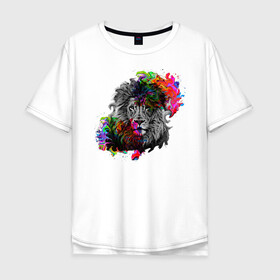 Мужская футболка хлопок Oversize с принтом лев в красках в Санкт-Петербурге, 100% хлопок | свободный крой, круглый ворот, “спинка” длиннее передней части | животные | звери | кошка | лев | радуга | разноцветный | царь
