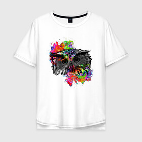 Мужская футболка хлопок Oversize с принтом взгляд совы в Санкт-Петербурге, 100% хлопок | свободный крой, круглый ворот, “спинка” длиннее передней части | арт | краски | перья | птица | сова | цвет