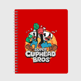 Тетрадь с принтом Super Cuphead Bros в Санкт-Петербурге, 100% бумага | 48 листов, плотность листов — 60 г/м2, плотность картонной обложки — 250 г/м2. Листы скреплены сбоку удобной пружинной спиралью. Уголки страниц и обложки скругленные. Цвет линий — светло-серый
 | Тематика изображения на принте: arkade | cup head | cuphead | game | games | mario | аркада | игра | игры | кап хэд | капхед | купа хэд | марио | сгз руфв | сгзруфв | чашкоголовый