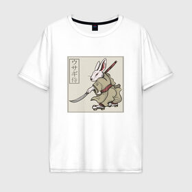 Мужская футболка хлопок Oversize с принтом Кролик Самурай Rabbit Samurai в Санкт-Петербурге, 100% хлопок | свободный крой, круглый ворот, “спинка” длиннее передней части | Тематика изображения на принте: art | cyberpunk samurai | ninja | oni | rdsmry | ronin | samurai | shogun | ukiyo e | арт | живопись | животные | заяц | киберпанк самурай | мерч | прикол | путь воина | путь самурая | ронин | сёгун | токио | укиё э | фреска | харакири