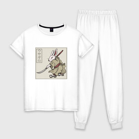 Женская пижама хлопок с принтом Кролик Самурай Rabbit Samurai в Санкт-Петербурге, 100% хлопок | брюки и футболка прямого кроя, без карманов, на брюках мягкая резинка на поясе и по низу штанин | Тематика изображения на принте: art | cyberpunk samurai | ninja | oni | rdsmry | ronin | samurai | shogun | ukiyo e | арт | живопись | животные | заяц | киберпанк самурай | мерч | прикол | путь воина | путь самурая | ронин | сёгун | токио | укиё э | фреска | харакири