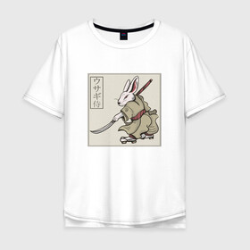 Мужская футболка хлопок Oversize с принтом Кролик Самурай Rabbit Samurai в Санкт-Петербурге, 100% хлопок | свободный крой, круглый ворот, “спинка” длиннее передней части | art | cyberpunk samurai | ninja | oni | rdsmry | ronin | samurai | shogun | ukiyo e | арт | живопись | животные | заяц | киберпанк самурай | мерч | прикол | путь воина | путь самурая | ронин | сёгун | токио | укиё э | фреска | харакири