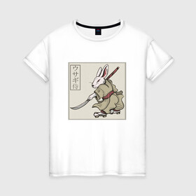 Женская футболка хлопок с принтом Кролик Самурай Rabbit Samurai в Санкт-Петербурге, 100% хлопок | прямой крой, круглый вырез горловины, длина до линии бедер, слегка спущенное плечо | art | cyberpunk samurai | ninja | oni | rdsmry | ronin | samurai | shogun | ukiyo e | арт | живопись | животные | заяц | киберпанк самурай | мерч | прикол | путь воина | путь самурая | ронин | сёгун | токио | укиё э | фреска | харакири