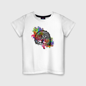 Детская футболка хлопок с принтом умная сова в Санкт-Петербурге, 100% хлопок | круглый вырез горловины, полуприлегающий силуэт, длина до линии бедер | краски | птицы | разноцветный | смотрит | сова | черно белый