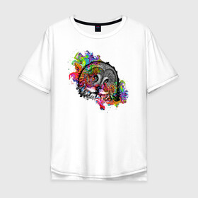 Мужская футболка хлопок Oversize с принтом умная сова в Санкт-Петербурге, 100% хлопок | свободный крой, круглый ворот, “спинка” длиннее передней части | краски | птицы | разноцветный | смотрит | сова | черно белый